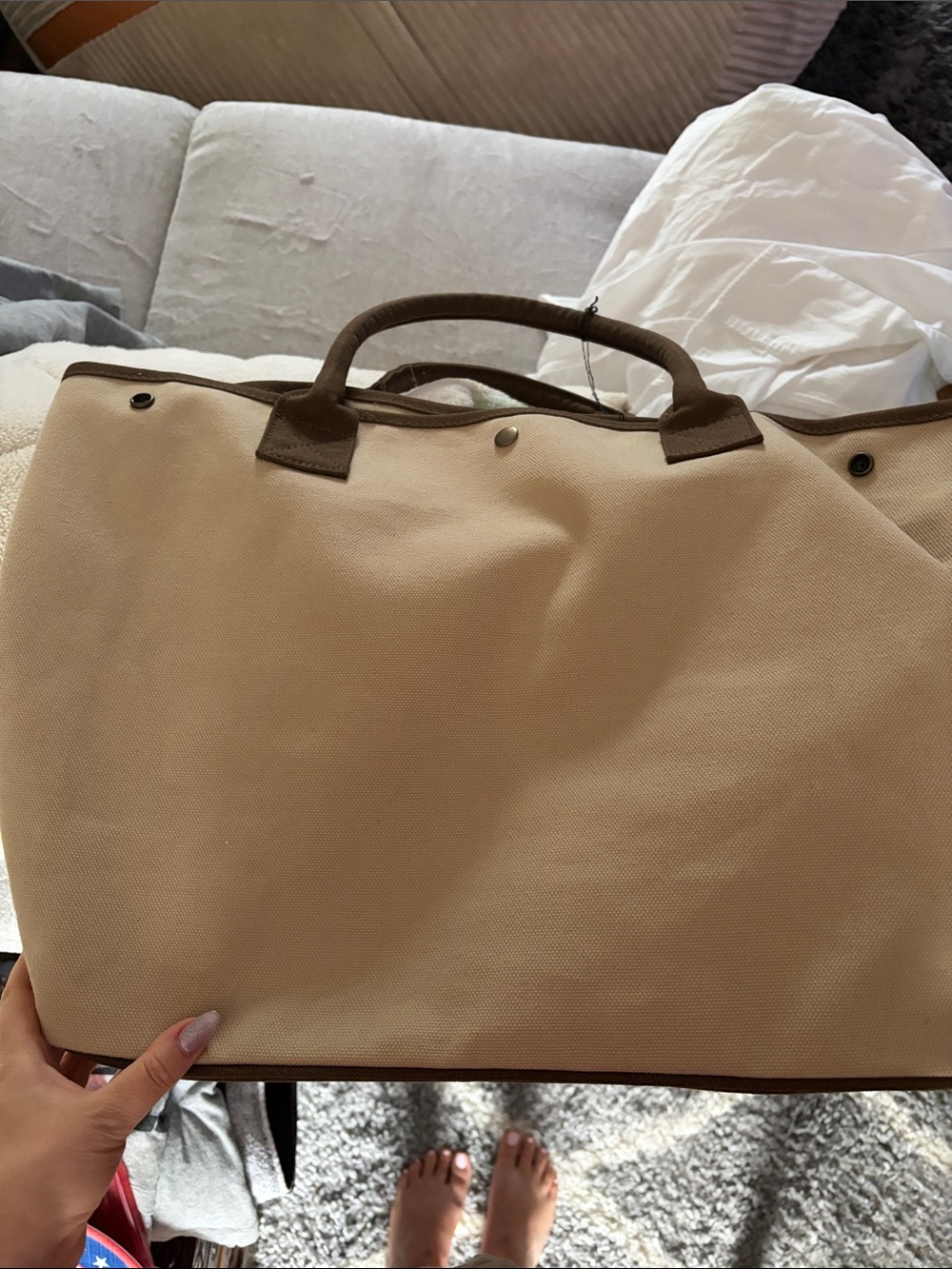 Restoration Hardware Miramar Cream Canvas Tote with Brown Trim